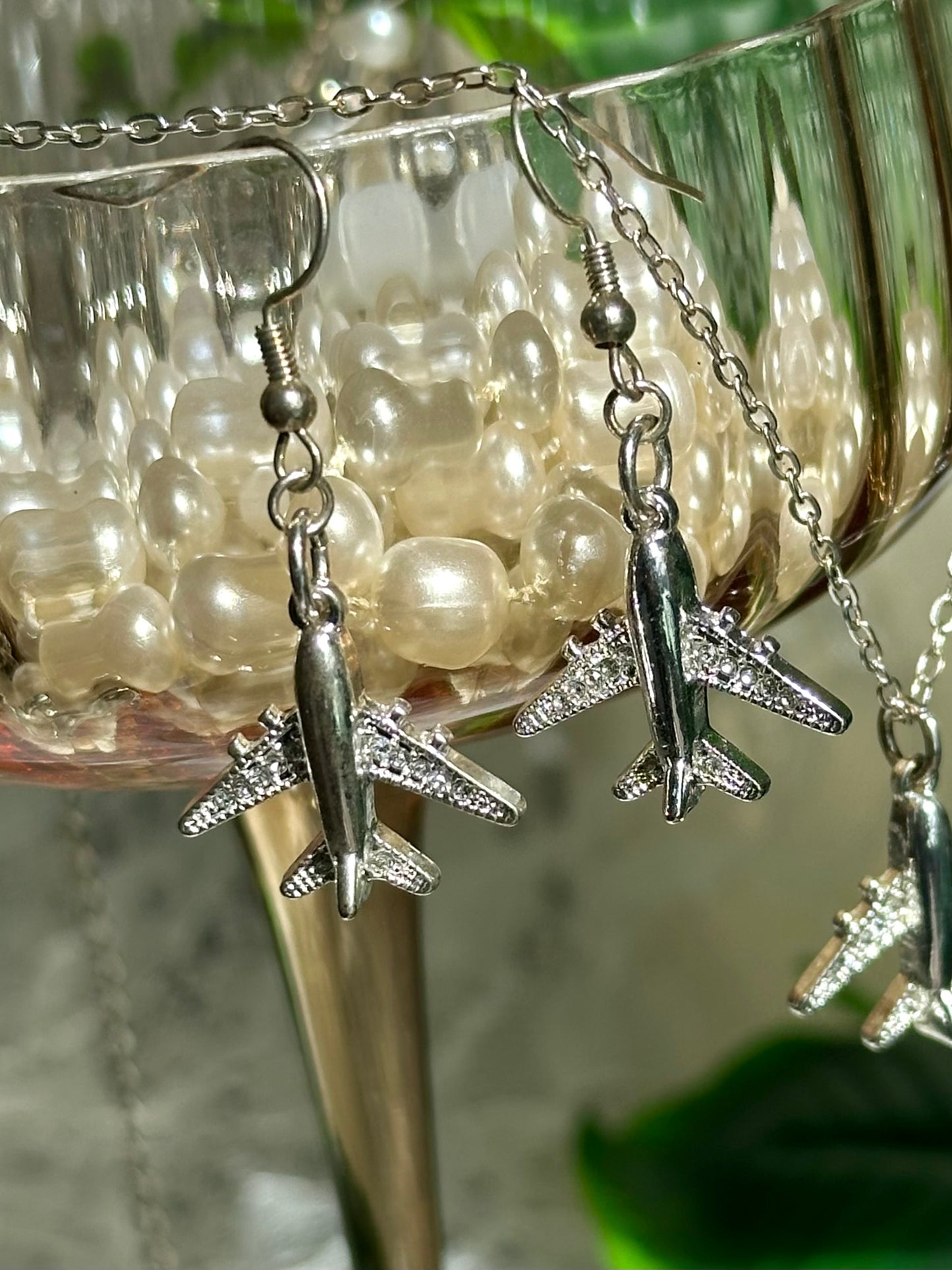 Silver Airplane Necklace & Earrings set
