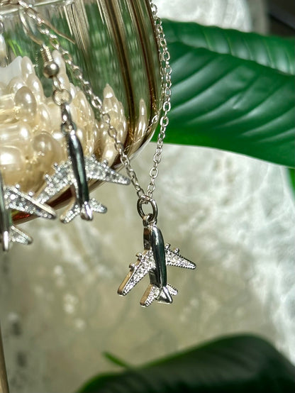 Silver Airplane Necklace & Earrings set