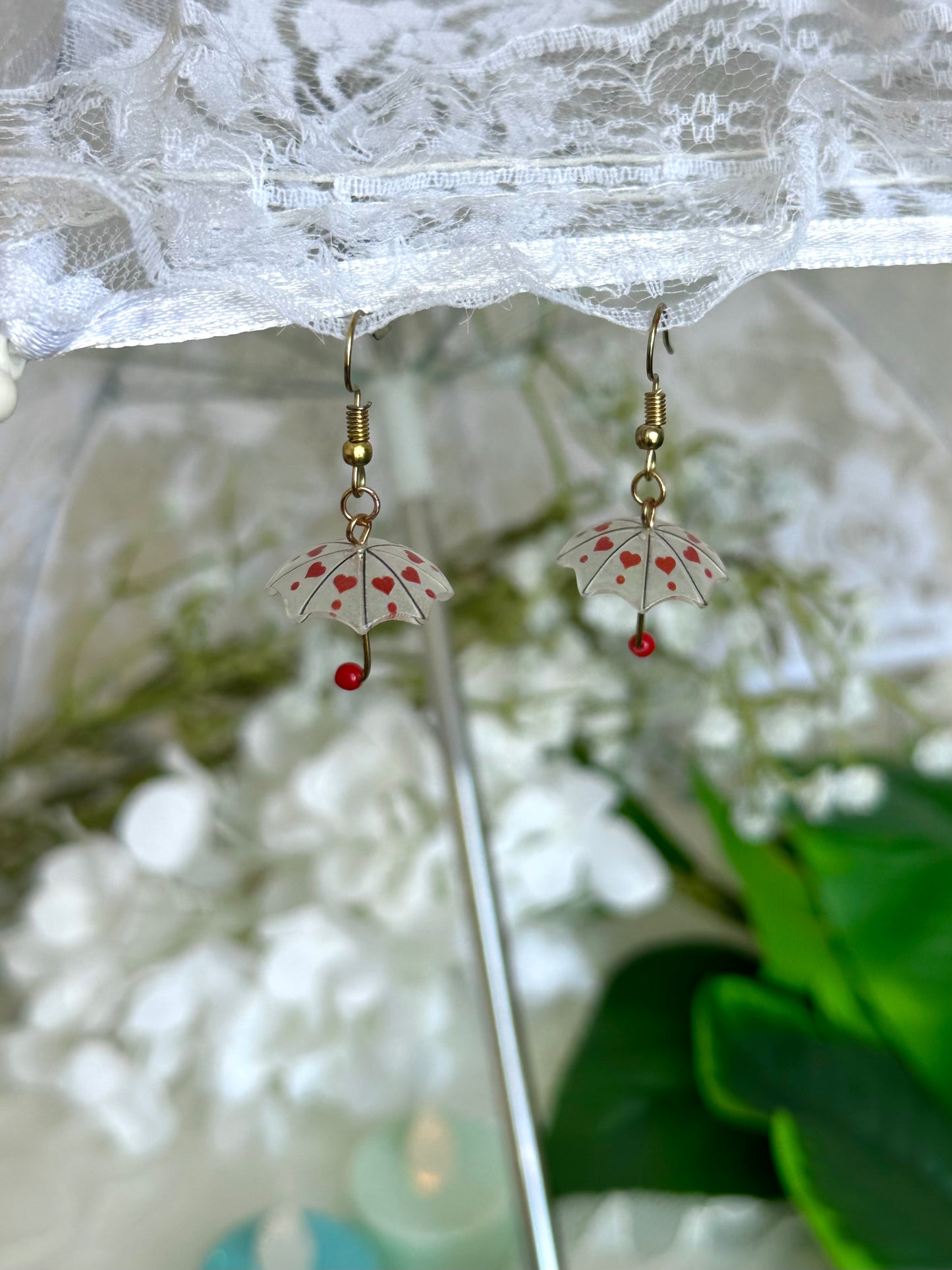 Red Hearts Umbrella Earrings